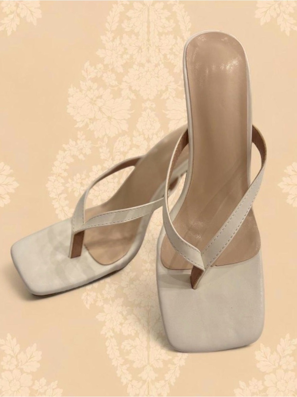 Women's Square-Toe White Thong Heel Sandals